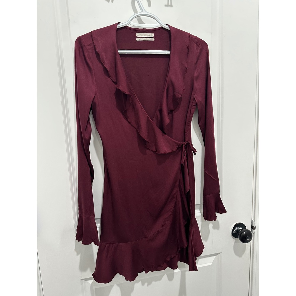 Urban Outfitters Burgundy Ruffle Wrap Mini Dress Long Sleeve XS Wine Red